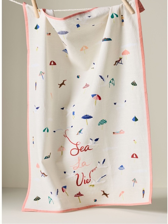 Anthropologie Other - ⛱️Anthropologie Embroidered Dish Towel Seagull Beach Umbrella Dog Coastal Sea